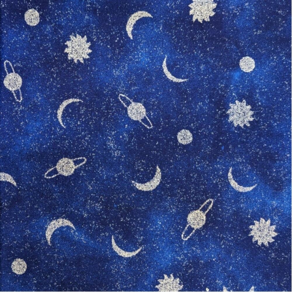 5.75 Yds Vintage Glittery CELESTIAL STARS SUN PLANETS Blue Cotton Stretch Fabric